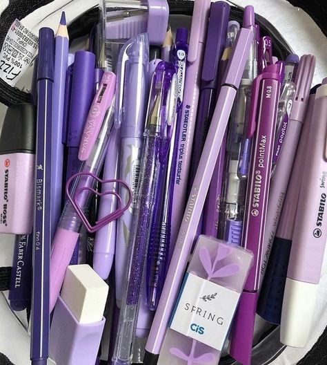 Purple Stationary, Study To Success, Light Purple Aesthetic, Purple Notes, Pretty School Supplies, Purple Pen, Stationery Obsession, Cute Stationary School Supplies, School Bag Essentials