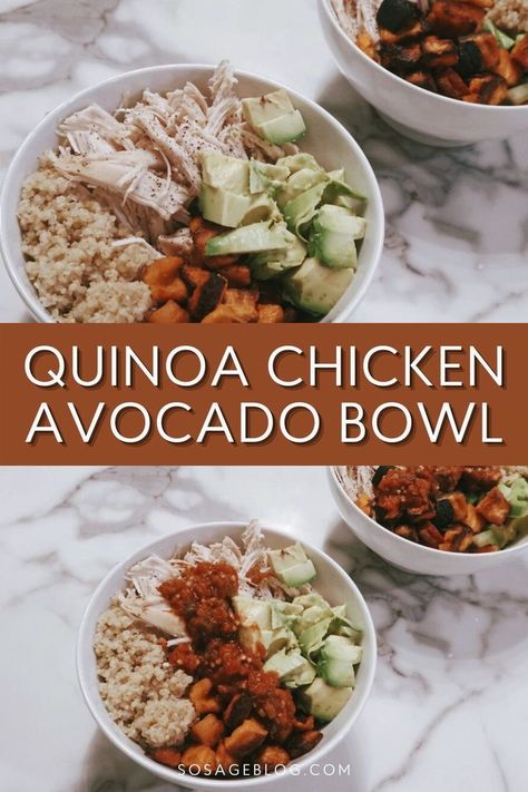 This chicken avocado bowl is made with quinoa and is the perfect healthy dinner or on-the-go lunch. With so many healthy ingredients and filling protein, you'll be making this quinoa chicken avocado recipe weekly! Chicken Avocado Bowl, Avocado Chicken Recipes, Chicken Avacado, Quinoa Egg, Grilled Chicken Avocado, Avocado Bowl, Avocado Recipe, Avocado Quinoa, Cubed Sweet Potatoes