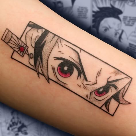 Tanjiro Eyes Tattoo, Demon Slayer Panel Tattoo, Men Anime Tattoo Ideas, Demon Slayer Eyes Tattoo, Anime Tattoos For Men Ideas, Demon Slayer Tattoo Ideas Nezuko, Best Anime Tattoos, Cute Tattoos Anime, Anime Mini Tattoo