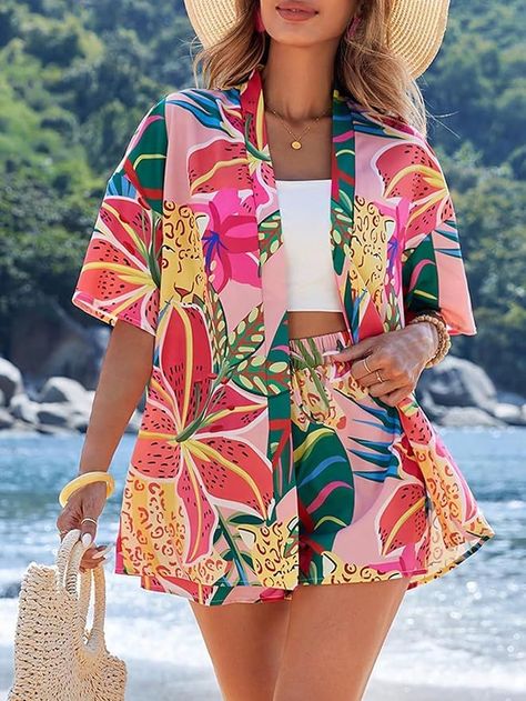 Feature: short sleeve, drop shoulder, open front blouse, elastic waist shorts, tropical print, loose fit, 2 piece set #AD Tropical Womens Outfits, Short Sleeve Kimono Cardigan, Tropical Vacation Outfits, Kimono Blouse, Kimono Cardigan, Elastic Waist Shorts, Evening Attire, Boho Women, Vacation Outfits