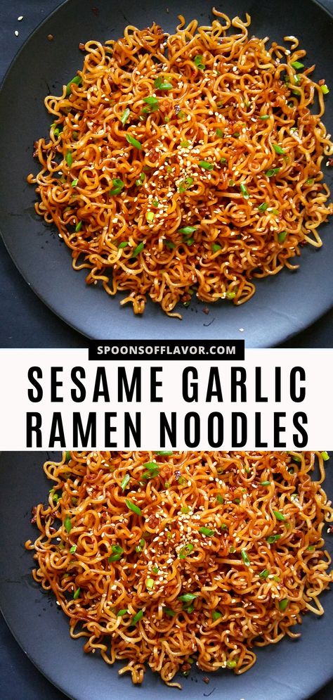 Image showing sesame garlic ramen in a black plate. Vegetarian Recipes Ramen, Asian Noodles With Ramen, Stir Fried Ramen Noodles, Stir Fry Ramen Noodle Recipes, Easy Japanese Noodle Recipes, Ramen Side Dish, Vegetarian Ramen Noodle Recipes, Simple Asian Noodles, Quick Asian Noodles