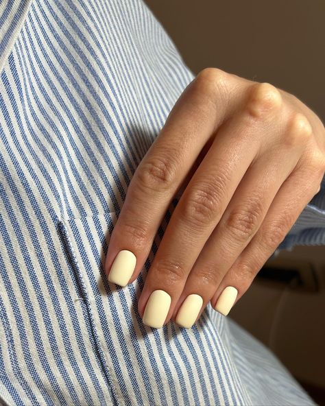 Pastel yellow, russian manicure, matte nails Short Pastel Yellow Nails, Pastel Yellow Dip Nails, Pastel Yellow Gel Nails, Light Yellow Nails Pastel, Nail Ideas Yellow Pastel, Creamy Yellow Nails, Pastel Yellow Toe Nails, Summer Nails Yellow Pastel, Milky Yellow Nails