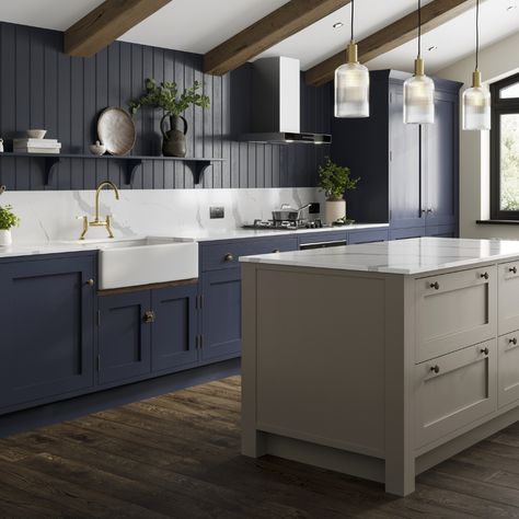 Looking to create a modern kitchen design? Our Chilcomb Navy In-Frame Kitchen and Chilcomb Pebble In-Frame Kitchenis the perfect contemporary kitchen design. Pair with Howdens Speckled Stone Laminate worktop for the perfect addition to a contemporary home. Howdens Dusk Blue Kitchen, Howdens Kitchen Shaker, Dusk Blue Kitchen, Howdens Chilcomb, Black Kitchen Inspiration, Ada Kitchen, Temporary Kitchen, Blue Shaker Kitchen, Kitchen Door Styles