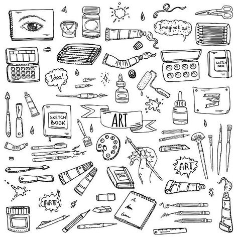 Art Tools Illustration, Sketch Brush, Sketch Note, Doodle Art Flowers, Cool Doodles, Doodle Art Journals, Object Drawing, Cartoon Sketches, Vector Art Illustration