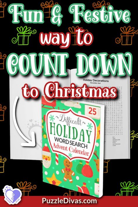 Count down to Christmas with this fun experience Advent calendar activity puzzle book that makes a great gift idea for adults & teens. Difficult Holiday Word Search Advent Calendar by PuzzleDivas is a unique Xmas Advent calendar that has a daily word find game for every day in December instead of candy or chocolate--so you can be sure it's healthy for your brain and body! This Advent calendar idea is great for women, young adults, grandma, grown ups, seniors, teenagers, employees, or yourself! Employee Advent Calendar, Advent Calendar Activity, Advent Calendar For Adults, Alternative Advent Calendar, Holiday Word Search, Holiday Word, Cool Advent Calendars, Advent Calendar Activities, Count Down To Christmas