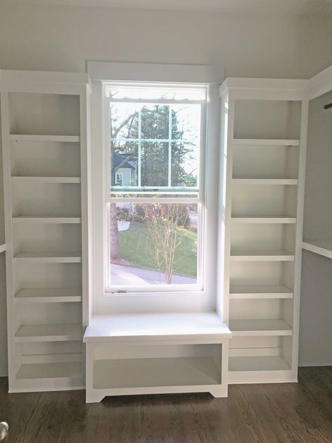 Custom paint grade closet with double hanging, single hanging, shoe cubbies and a window seat, by Woodmaster Woodworks in Youngsville, NC.  FREE local in-home estimates, (919) 554-3707  www.woodmasterwoodworks.com Window Seat Single Window, Closet Room Ideas With Window, Single Window Seat Ideas, Bench In Master Closet, Closets With A Window, Bench Seat In Closet, Single Window Seat, Window Closet Ideas, Closet Room With Window