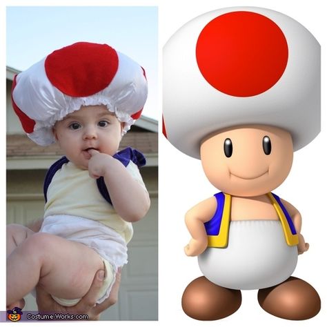 Super Mario Brothers Costumes Family, Mario Brother Halloween Costumes, Mario Brothers Toad Costume, Mario Kart Stroller Costume, Nintendo Family Costume, Mario Cart Halloween Costumes Family, 6 Month Old Costume Halloween Boy, Toad Costume Baby, Mario Bros Toad Costume