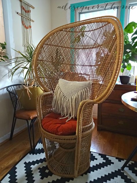 bohemian peacock fan back chair woven wicker thrifted second hand Whicker Chair, Wicker Fan, Peacock Fan, Wicker Peacock Chair, Peacock Chairs, Dark Blue Living Room, Orange Cushion, Blue Chairs Living Room, Peacock Chair