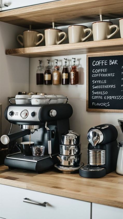 Coffee Spot In Kitchen, Kitchen With Coffee Bar, Kitchen Setup Ideas, Small Coffee Bar Ideas, Coffee Bar Setup, Coffee Corner Kitchen, Kaffe Station, Home Coffee Station, Coffee Bar Ideas Kitchen Counter