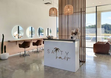 Hair Salon Concrete Floor, California Salon Aesthetic, Long Salon Design, Salon Concrete Floor, Salon With Concrete Floor, Open Concept Salon Ideas, Open Floor Plan Hair Salon, Concrete Salon Floor, Minimalist Salon Interior Design