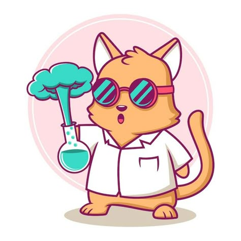 Science Cute Drawings, Cat Scientist, Goggles Drawing, Scientist Cartoon, Mascot Ideas, Science Cat, Chemistry Cat, Cat Puns, Animal Science