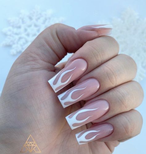 White Nails With Flame Design, French Tip Fire Nails, French Tip Nails With Fire Design, White French Tip Flame Nails, Simple Flame Nails, French Tip With Fire Design, French Tip Flame Nails, White Design On Nails, Flame Nails Square