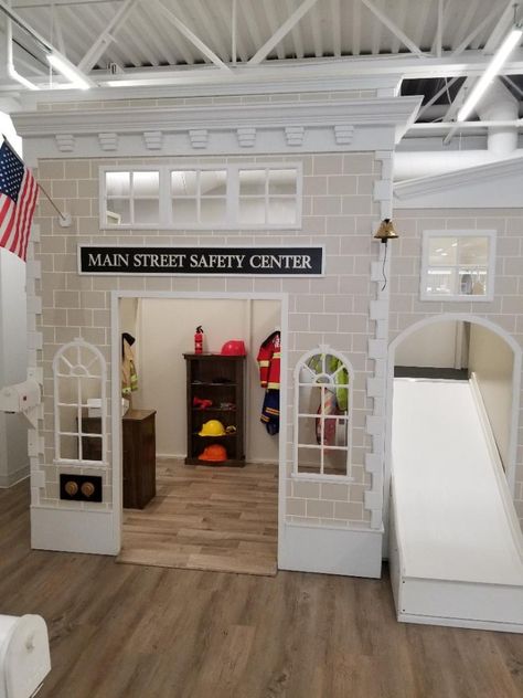 Combine Fire and Police centers, with an escape tunnel and slide in this play village safety center by Lilliput Play Homes. Pretend Town Playroom, Kids Village, Wood Playhouse, Playhouse Plans, Kids Play Spaces, Daycare Decor, Cool Dog Houses, Teen Bedroom Designs, Kids Play Kitchen