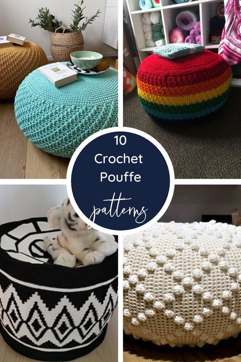 Looking for you next home decor crochet project? Check out this collection of 10 easy crochet pouffe patterns. Perfect for beginners, crochet pouffes are large crochet floor pillows that work up quickly and add a boho diy touch to any room. Crochet Ottoman Pouf, Crochet Floor Pouf Pattern Free, Crochet Poof Ball Pattern, Crochet Meditation Pillow, Crochet Pouf Pattern Free, Crochet Foot Stool, Diy Crochet Pouf, Crochet Pouffe, Crochet Floor Pillow