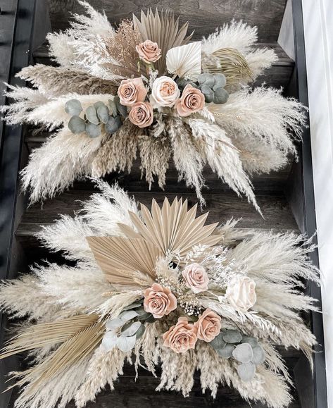 Boho Theme Flower Arrangements, Tropical Boho Wedding Arch, Boho Flower Arrangements Diy, Boho Floral Arrangements Diy, Boho Arch Floral Arrangements, Pampas Grass Floral Swag Diy, Boho Balloon Arch With Pampas, Boho Floral Wall Decor, Wedding Arch Floral Arrangements