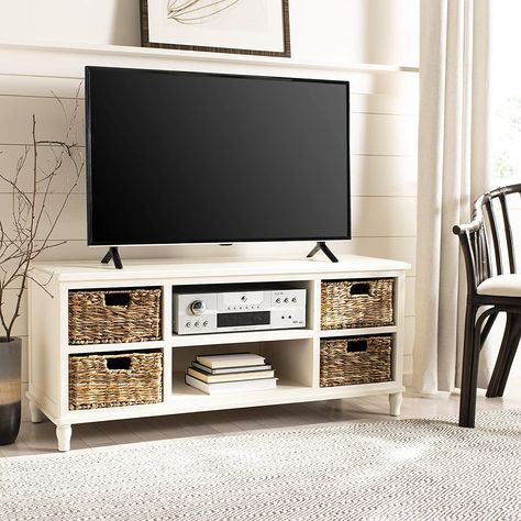 White Entertainment Unit, Wood Entertainment Center, Country Interiors, Rattan Baskets, Safavieh Furniture, Solid Wood Tv Stand, Black Entertainment, Country Interior, Tv Unit Design