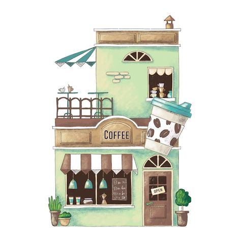 Cute Cartoon Illustration, Watercolor House Painting, الفن الرقمي, Istoria Artei, Building Drawing, Watercolor Architecture, Building Illustration, Shop Illustration, Architecture Drawing Art