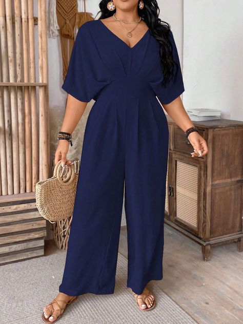 Backless Short Sleeve Romper For Commuting Navy Blue Casual  Half Sleeve Fabric Plain Other Non-Stretch  Women Plus Clothing, size features are:Bust: ,Length: ,Sleeve Length: Tela, Jumpsuit For Plus Size, Oversize Jumpsuit, Elegante Jumpsuits, Jumpsuits Plus Size, Elegant Jumpsuit, Jumpsuit Elegant, Short Sleeve Romper, Plus Size Jumpsuit