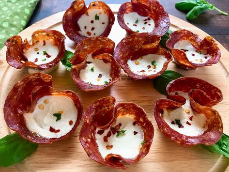 Salami Cups with Bocconcini and Basil Recipes With Bocconcini, Mini Bocconcini Recipes, Salami Bites Appetizer Ideas, Bocconcini Appetizers, Salami Cups Appetizers, Bocconcini Recipes, Salami Cups, Cup Appetizers, Salami Appetizer