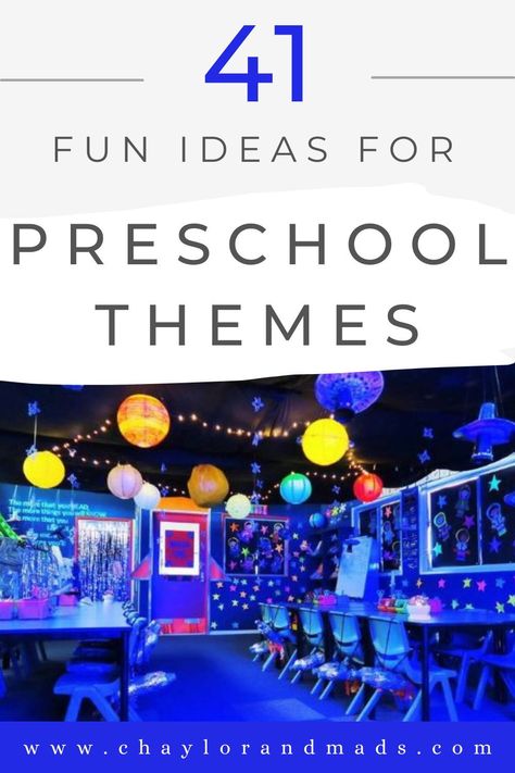 The best preschool classroom theme ideas including ideas for weekly and monthly themes and ideas for preschool themes for the entire school year that your students will love! Prek Classroom Theme Ideas, Class Themes For Kindergarten, Classroom Wall Art Preschool, Cute Classroom Themes Daycare, Space Themed Preschool Classroom, Preschool Party Themes, Preschool Room Themes Classroom Ideas, Preschool Theme Days, Preschool Room Decor Ideas