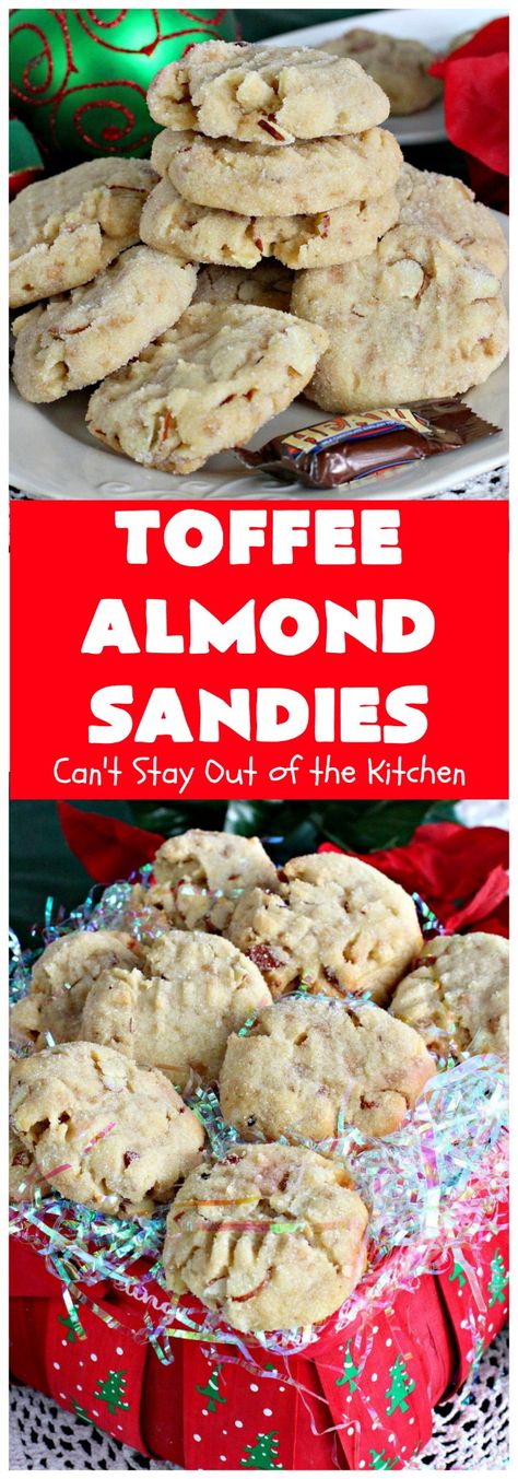 Toffee Almond Sandies | Can't Stay Out of the Kitchen | these irresistible #cookies are filled with #almonds & #HeathEnglishToffeeBits. They are absolutely mouthwatering & delightful for #holiday parties, #tailgating or #ChristmasCookieExchanges. Everyone raves over this amazing #dessert. #toffee #ToffeeAlmondSandies #ToffeeDessert #baking Sandies Recipe, Sandies Cookies, Heath Toffee, Toffee Dessert, Almond Toffee, Toffee Cookies, English Toffee, Meatless Monday Recipes, Shortbread Recipes