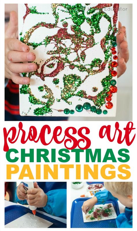 Xmas Process Art, Christmas Gift Idea From Preschoolers, Christmas Paintings Preschool, Christmas Art Projects For Preschoolers Parent Gifts, Ece Christmas Ideas, Early Childhood Christmas Crafts, Potato Masher Christmas Craft, Christmas Process Art For Preschool, Canvas Preschool Christmas Art