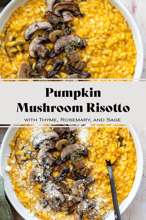 Pumpkin and Mushroom Risotto Mushroom Sauteed, Mushroom Pumpkin, Pumpkin Mushroom, Mushroom Risotto Recipes, Italian Diet, Vegan Entrees, Pumpkin Risotto, Main Entrees, Vegetarian Life