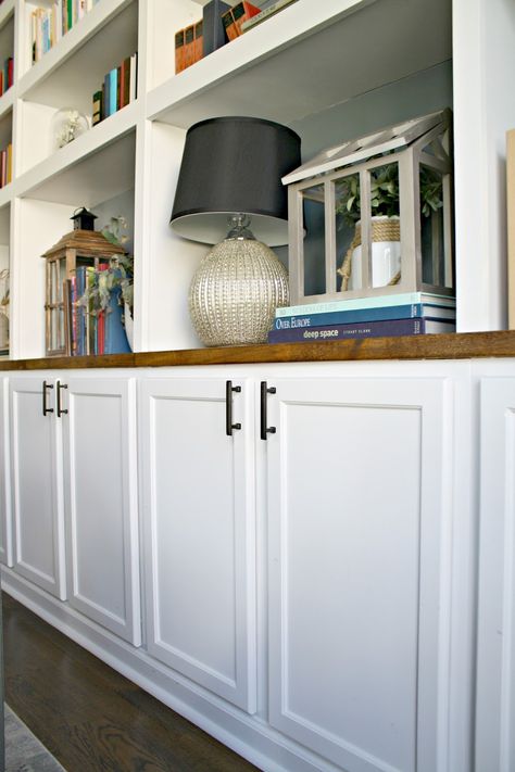 Diy Built In Cabinets, Kitchen Cabinet Storage Solutions, Unfinished Kitchen Cabinets, Unfinished Cabinets, Stock Kitchen Cabinets, Built In Shelves Living Room, Kitchen Base Cabinets, Living Room Built Ins, Thrifty Decor Chick