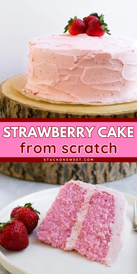 Brighten your set of easy Labor Day party food with the best strawberry cake out there! It's an easy homemade cake recipe loaded with fresh strawberries for its strawberry sauce and topped with a fluffy buttercream frosting. Tasty, moist, and velvety! Moist Strawberry Cake Recipe, Homemade Strawberry Cake From Scratch, Moist Strawberry Cake, Strawberry Cake From Scratch, Strawberry Layer Cakes, Homemade Strawberry Cake, Strawberry Cake Recipe, Strawberry Buttercream Frosting, Strawberry Cake Easy