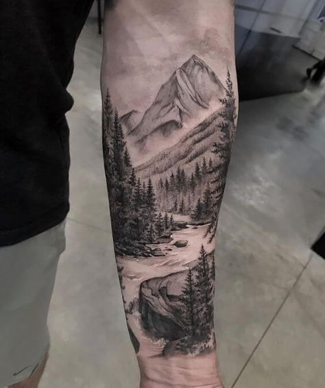 Tato Lengan Bawah, Forearm Tattoo Men Sleeve, Landscape Tattoos, Natur Tattoo Arm, Wilderness Tattoo, Tattoo Bras Homme, Nature Tattoo Sleeve, Mountains And Trees, Tato Lengan