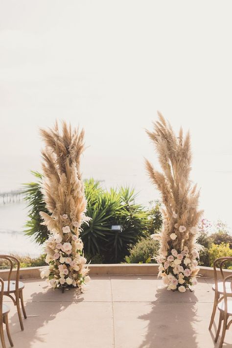 How To Make A Pampas Grass Arch, Pampas Arch Wedding, Greenery And Pampas Grass Wedding Arch, Pompus Grass Wedding Arch, Pampas Table Runner, Ceremony Set Up, Pampas Grass Arbor, Wedding Arch Pampas, Pampas Wedding Arch