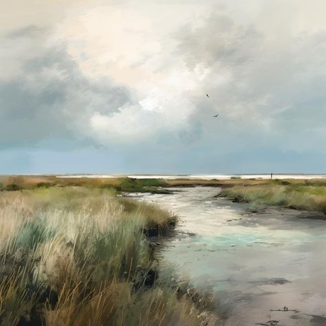 This serene landscape painting depicts a tranquil marsh scene with tall grasses swaying gently in the breeze. A meandering stream cuts through the marsh, leading towards a vast expanse of water and sky. The muted tones of the clouds and the soft hues of the landscape create a calming and contemplative atmosphere. Marshland Paintings, Oil Painting Landscapes, Marsh Painting, Tall Grasses, Cold Wax Painting, Painting Landscapes, Travel Notebook, Serene Landscape, Open Living