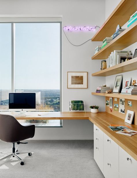 W Penthouse Residence — Allison Burke Interior Design Desk In Front Of Window, Office With A View, Upholstered Banquette, Creative Flooring, Custom Millwork, Long Desk, Blue Desk, Contemporary Home Office, Custom Chair