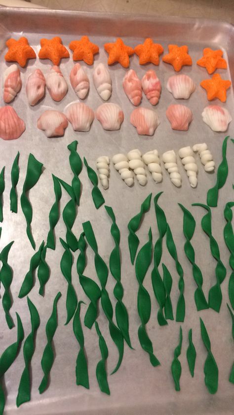 Fondant sea shells Seashell Fondant Tutorial, Fondant Seaweed, Sundjer Bob, Fondant Sea Creatures, Fondant Shells, Beach Fondant Cake, Beach Decorations, Sea Shells Diy, Shells Diy