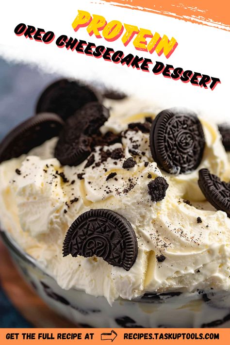 Treat yourself to a delectable guilt-free indulgence with our Protein Oreo Cheesecake Dessert. It's a mash-up of everyone's favorite cookies and cream taste with a rich, creamy cheesecake that's packed with protein! Perfect for fitness enthusiasts or anyone seeking a healthier dessert option. Dig into this mouthwatering treat without derailing your diet! Protein Oreo Fluff, Protein Cheesecake Mousse, Protein Oreo, Oreo Mousse, Protein Options, Cheesecake Desserts Recipes, Oreo Fluff, Healthy Dessert Options, Oreo Pudding