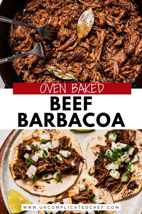 An image of Oven Baked Beef Barbacoa on tortillas Easy Barbacoa Recipe, Mexican Barbacoa Recipe, Beef Chuck Recipes, Chipotle Barbacoa Recipe, Shredded Beef Recipe, Shredded Beef Recipes, Beef Barbacoa, Mexican Shredded Beef, Chuck Roast Recipes