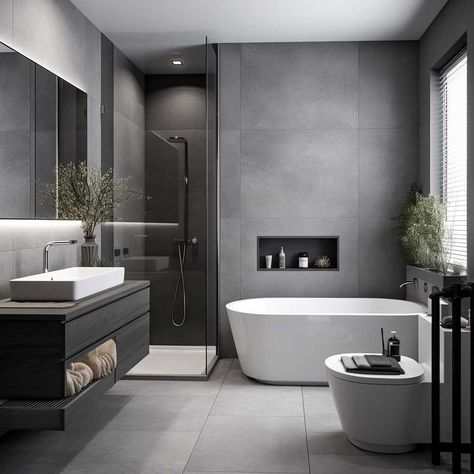 Minimalist Grey Bathroom Ideas for Small Modern Spaces • 333+ Images • [ArtFacade] Grey Bathroom Ideas, Grey Modern Bathrooms, Dark Bathrooms, تصميم للمنزل العصري, Small Bathroom Ideas Modern, Bathroom Redesign, Grey Bathroom, Appartement Design, Gorgeous Bathroom