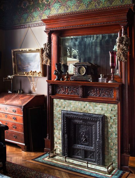 In what Mr. Dakota jokingly calls Mr. Yip’s “handy moment,” he restored the tile on the fireplace in the gentlemen’s library. Brownstone Fireplace, Victorian Brownstone, 1800s Decor, Ornate Fireplace, Farmhouse Victorian, Cornice Moulding, Old House Interior, Folk Victorian, Victorian Home Interior