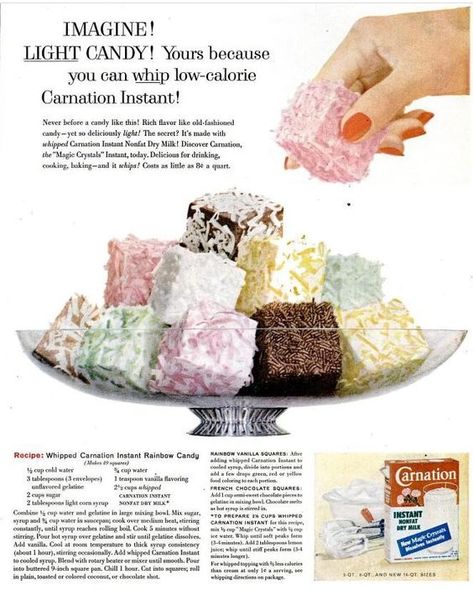 Vintage summer food ads and recipes – Welcome to My Magick Theatre 1950s Food, Old Fashioned Candy, Handwritten Recipes, Vintage Dessert, Vintage Cooking, Rainbow Candy, Old Fashioned Recipes, Food Ads, Homemade Candies