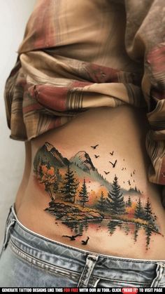 All Seasons Tattoo, Mountain Tattoo Cover Up Ideas, Landscape Tattoos For Women, Tree Rib Tattoo, Back Rib Tattoo, Back Cover Up Tattoos, Four Seasons Tattoo, Outdoorsy Tattoos, Tattoo Ideas Nature