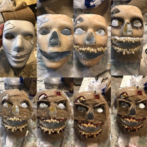 DIY scarecrow mask #scarecrowmakeup #diyhalloweencostumes Creepy Masks Diy, Scarecrow Mask Diy, Halloween Masks Diy, Burlap Mask, Scare Actor, Diy Horror, Diy Halloween Masks, Scarecrow Mask, Scarecrow Makeup