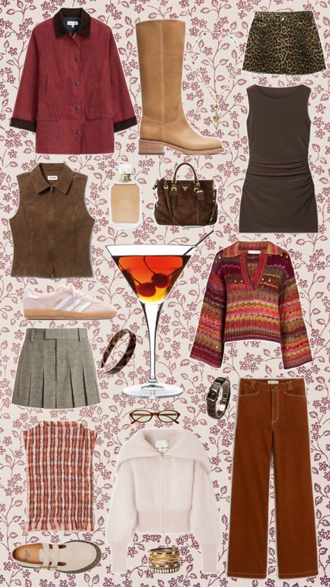 Manhattan Cocktail Aesthetic, artsy boho trendy girl outfit style mood board 2025 Aesthetics, Manhattan Aesthetic, Cocktail Aesthetic, Aesthetic Artsy, Manhattan Cocktail, Thrift Haul, Style Mood Board, Trendy Girls Outfits, Trendy Girl