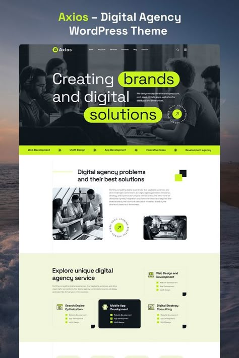 Axios – Digital Agency WordPress Theme#websitedevelopment #webdesigninspiration #colorpalette #design Project Presentation Design, Business Website Layout, Agency Website Inspiration, Tech Presentation, Creative Agency Website, Business Presentation Design, Wordpress Themes For Bloggers, Marketing Agency Website, Best Landing Page Design