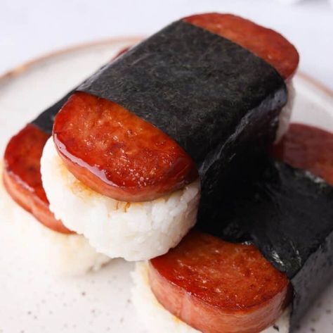 Spam Musubi - Christie at Home Rice Sandwich Recipe, Teriyaki Spam, Best Teriyaki Sauce, Spam Musubi Recipe, Musubi Recipe, Fried Spam, Roasted Seaweed, Spam Musubi, Teriyaki Glaze