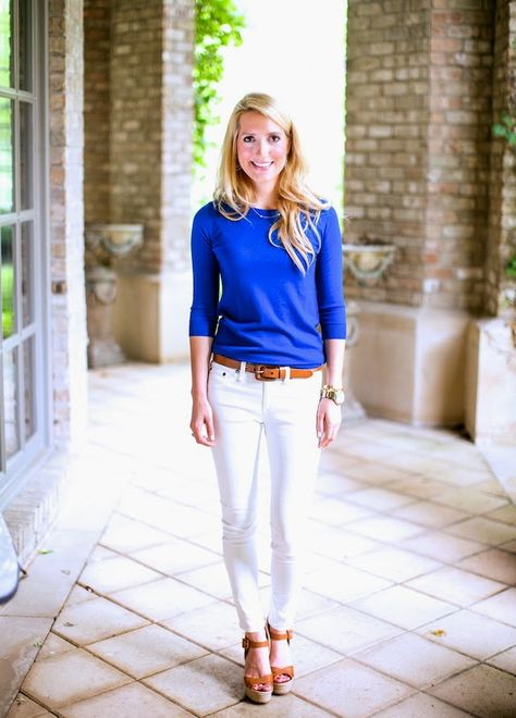 White Pants, White Pants Blue Top Outfit, Celebration Of Life Outfit, Stitch Fix Outfits, Stitch Fix Stylist, Blue Sweater, Bold Color, Blue Top, Color Combo