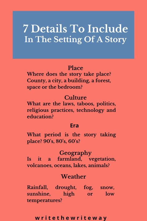 Using everything in a story to describe setting (description writing), such as geography, place, culture and era to describe setting is a way for writers to bring places to life in the reader’s mind. How To Be Descriptive In Writing, How To Describe Places In Writing, How To Describe A Setting In A Story, Place Description Writing, Writing Tips Describing Places, How To Describe A Forest, How To Describe A Forest In Writing, Setting For Story, How To Describe A Setting