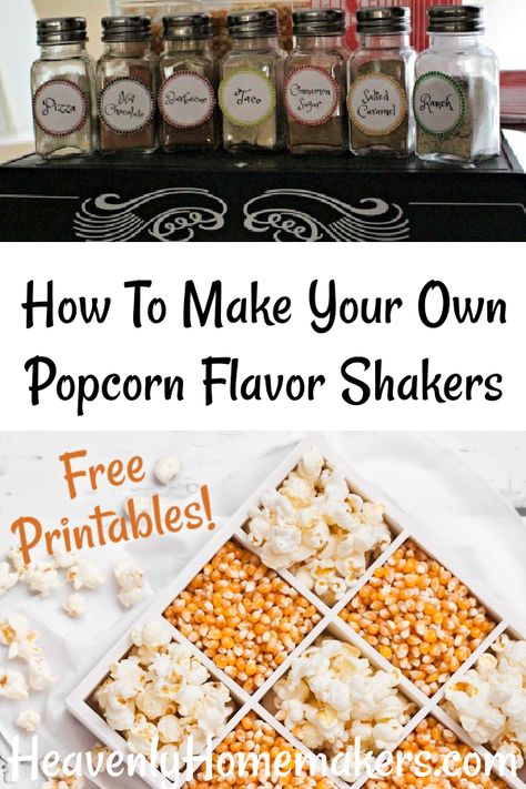 Use these recipes to make 7 Popcorn Flavor Shakers to enjoy with your family and friends! Diy Popcorn Seasoning Gift, Popcorn Seasoning Mix Recipes, Flavored Popcorn Recipes Seasoning Mixes, Churro Popcorn Seasoning, Diy Popcorn Flavors, Popcorn Seasonings Diy, Seasonings For Popcorn, Popcorn Salt Recipes, Popcorn Spice Recipes