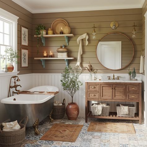 Modern Farmhouse Boho House🧡🧡🧡 Home Decor Boho Farmhouse, Boho Rustic Farmhouse, Earthy Modern Farmhouse, Boho Farmhouse Aesthetic, Master Bath Boho, Boho Master Bath, Rustic Boho Bathroom, Boho Farmhouse Bathroom, Boho Western Bathroom