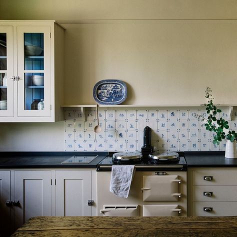 Plain English Design on Instagram: “Delft by Plain English behind the Aga at Stowupland Hall in Suffolk. Each tile is based on an antique original and depicts a different…” English Kitchens Design, Plain English Kitchen, Light And Dwell, Plain English, English Kitchen, English Kitchens, Delft Tiles, Laminated Mdf, Sustainable Kitchen