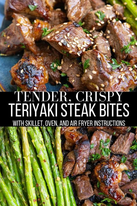 Teriyaki Steak Bites are quick and easy to make in a skillet, the oven, or an air fryer. This delicious steak bites recipe is the perfect appetizer, tasty snack, or main dish for the meat lover. #steak #beef #steakbites #healthy #lowcarb Teriyaki Steak Bites, Oven Baked Steak, Healthy Steak Recipes, Air Fryer Recipes Beef, Healthy Steak, Teriyaki Steak, Steak Bites Recipe, Delicious Steak, Beef Steak Recipes